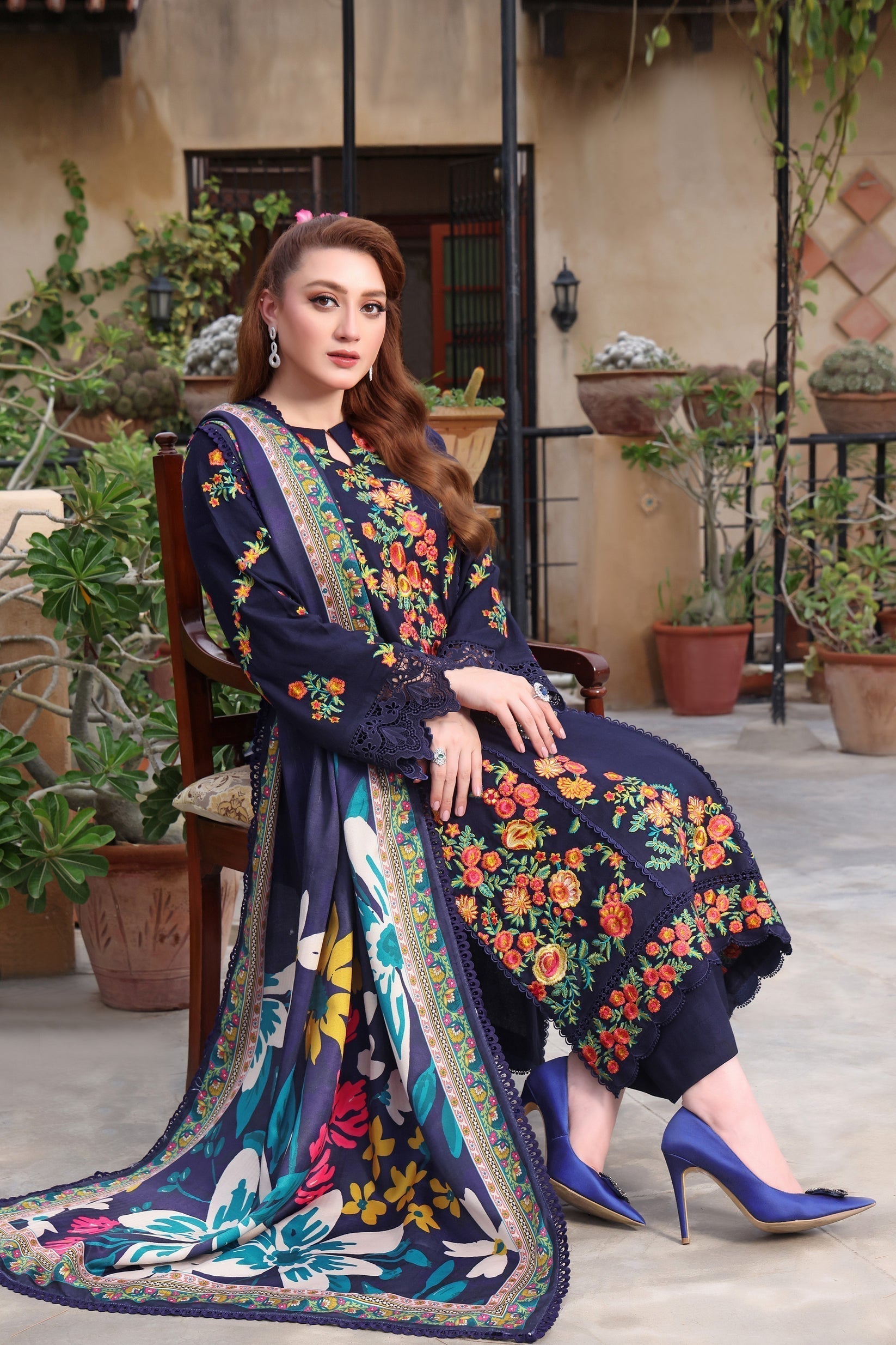 '-3PC DHANAK EMBROIDERED SHIRT WITH DHANAK EMBROIDERED SHAWL & TROUSER- 676