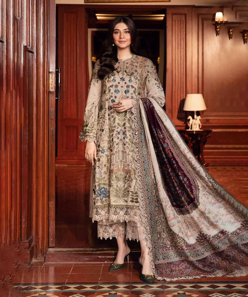 Dhanak-3PC Embroidered Shirt with Digital Printed Wool Shawl - 669