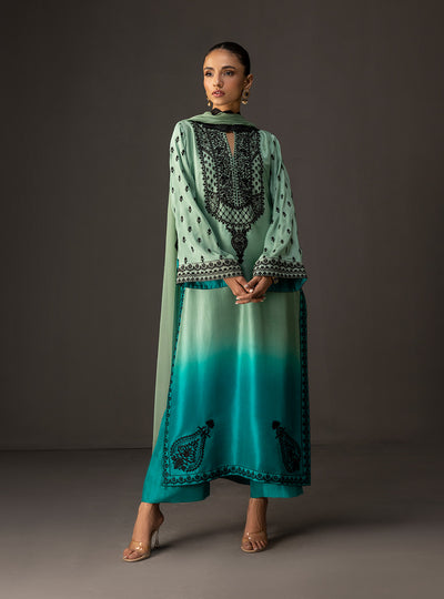 '- 3 Piece Unstitched Embroidered and Printed SIlk Suit 227
