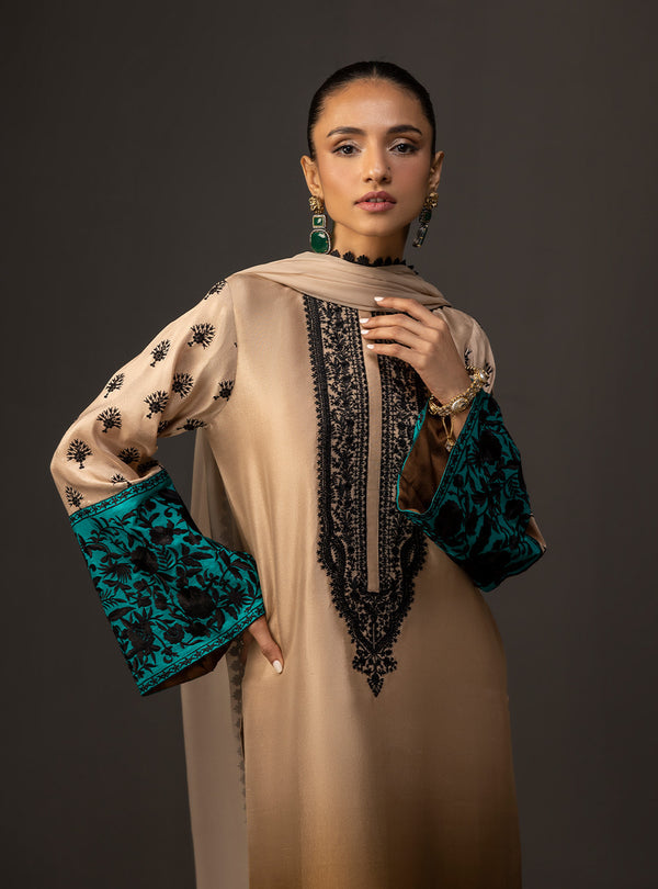 '- 3 Piece Unstitched Embroidered and Printed SIlk Suit 229