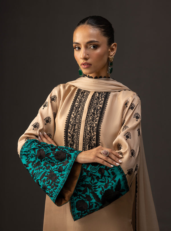 '- 3 Piece Unstitched Embroidered and Printed SIlk Suit 229