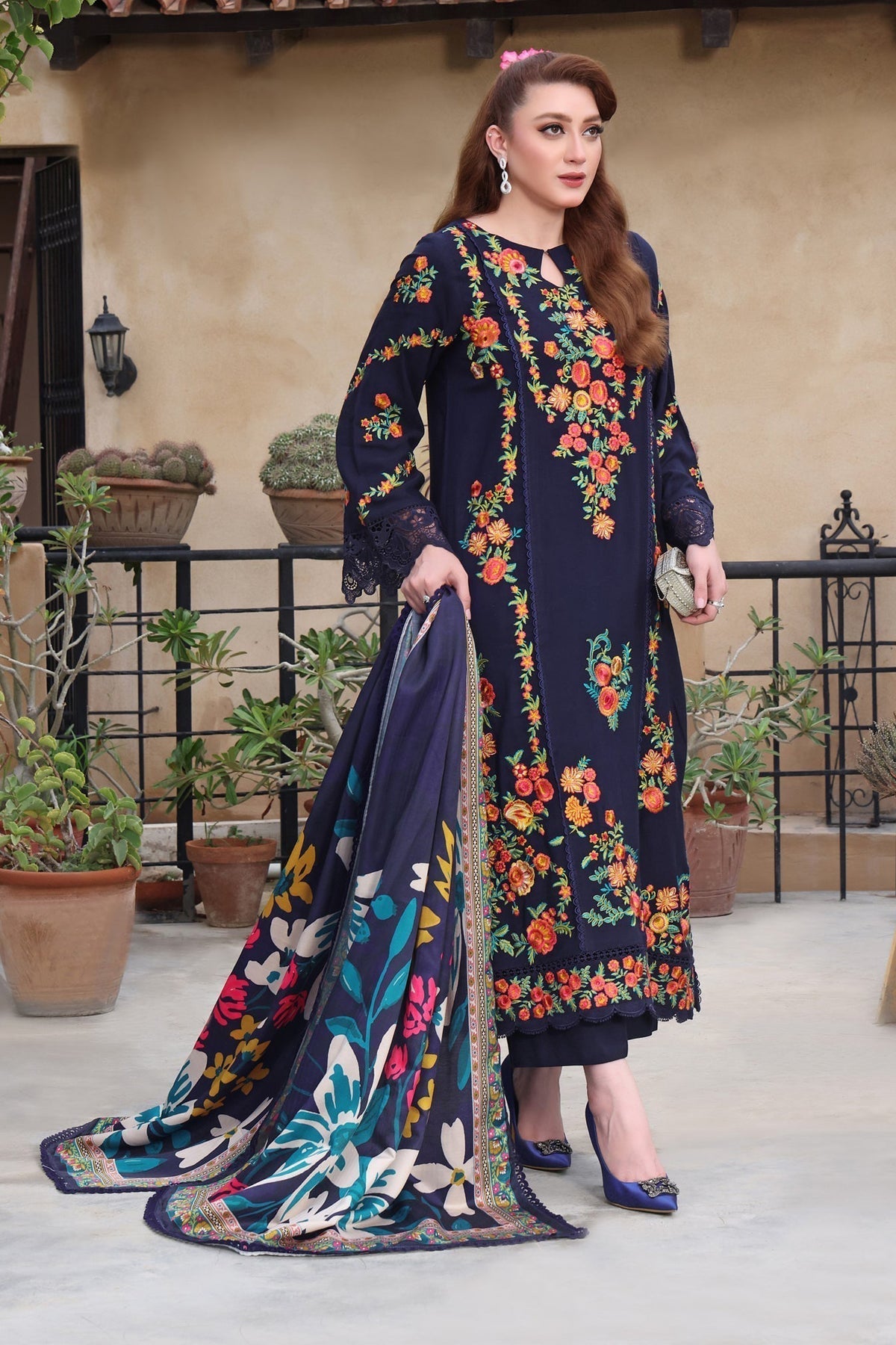 '-3PC DHANAK EMBROIDERED SHIRT WITH DHANAK EMBROIDERED SHAWL & TROUSER- 676