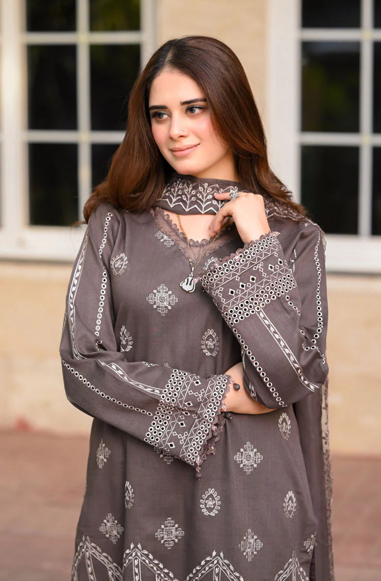 '- 3PC DHANAK EMBROIDERED SHIRT WITH DHANAK EMBROIDERED SHAWL AND TROUSER - NS 915