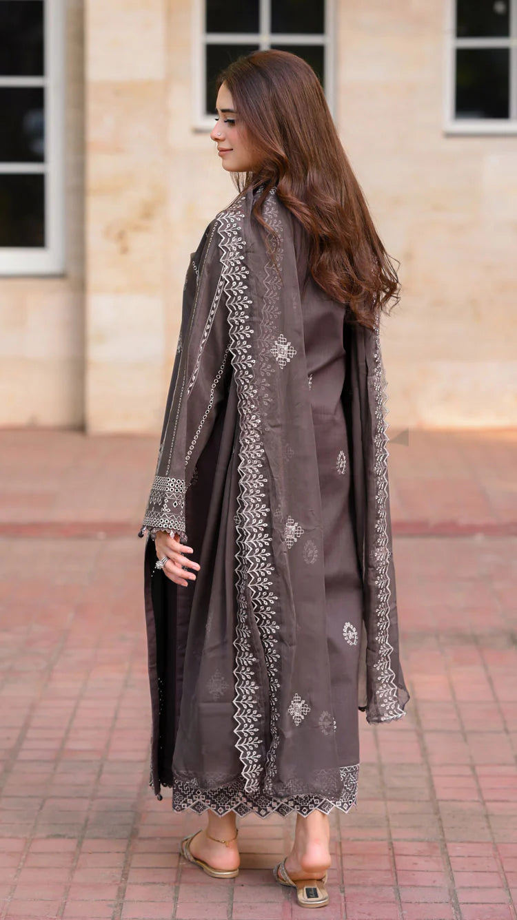 '- 3PC DHANAK EMBROIDERED SHIRT WITH DHANAK EMBROIDERED SHAWL AND TROUSER - NS 915