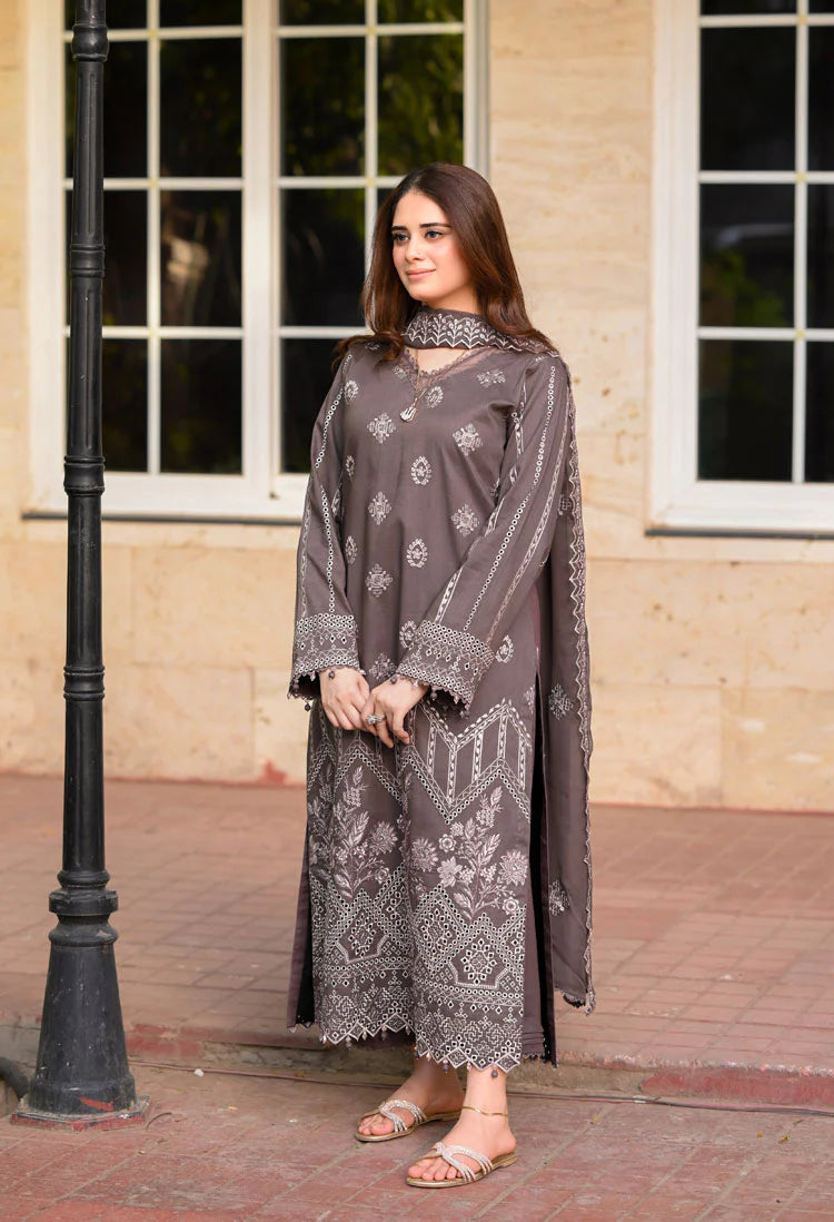'- 3PC DHANAK EMBROIDERED SHIRT WITH DHANAK EMBROIDERED SHAWL AND TROUSER - NS 915