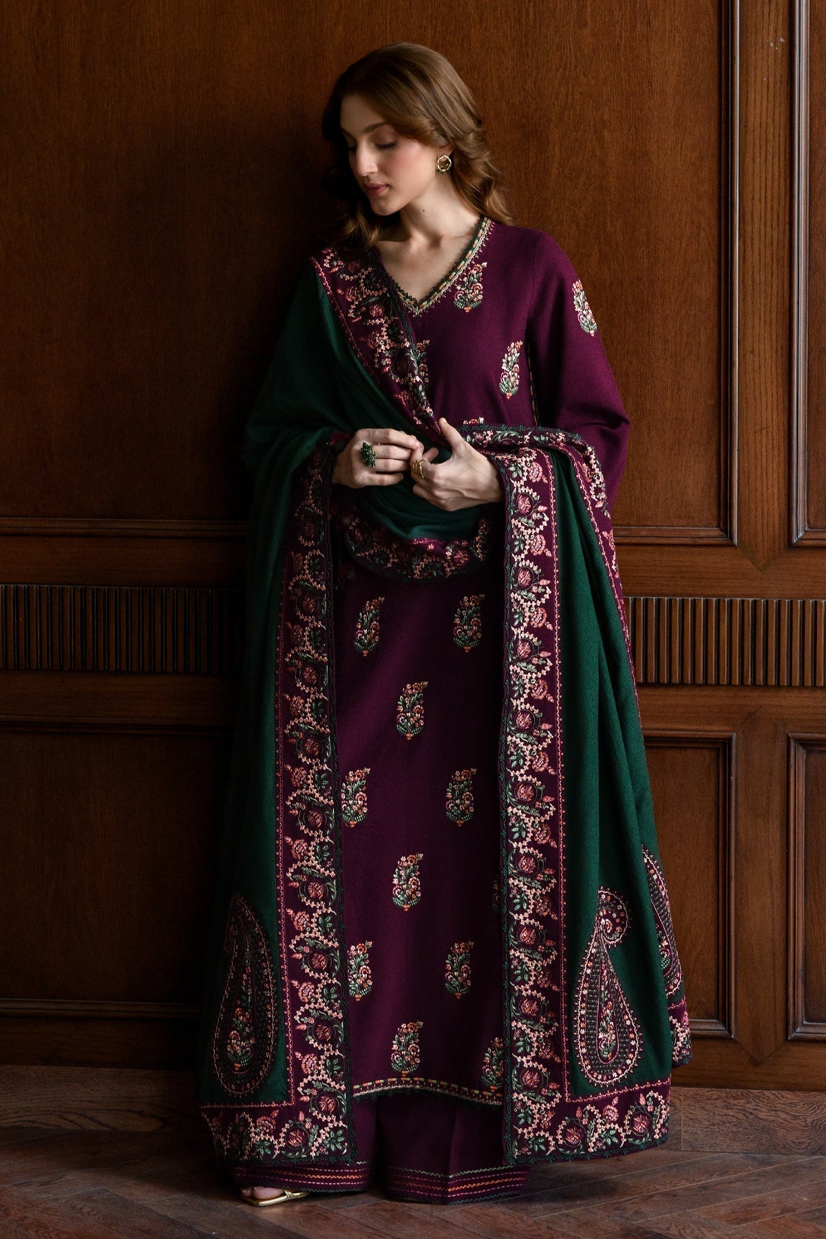 '-3PC LAWN  EMBROIDERED SHIRT WITH Lawn  EMBROIDERED SHAWL AND TROUSER- 678 L