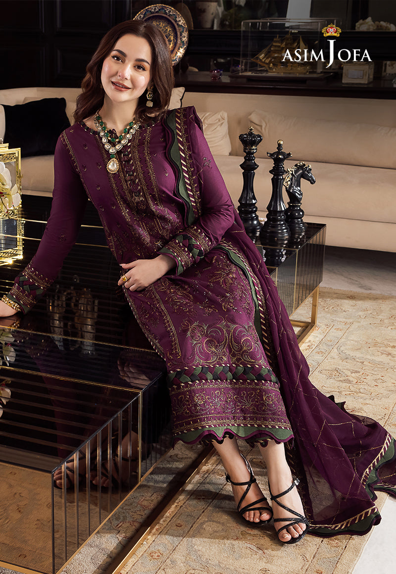 '-3PC DHANAK EMBROIDERED SHIRT WITH DHANAK EMBROIDERED SHAWL & TROUSER- 668