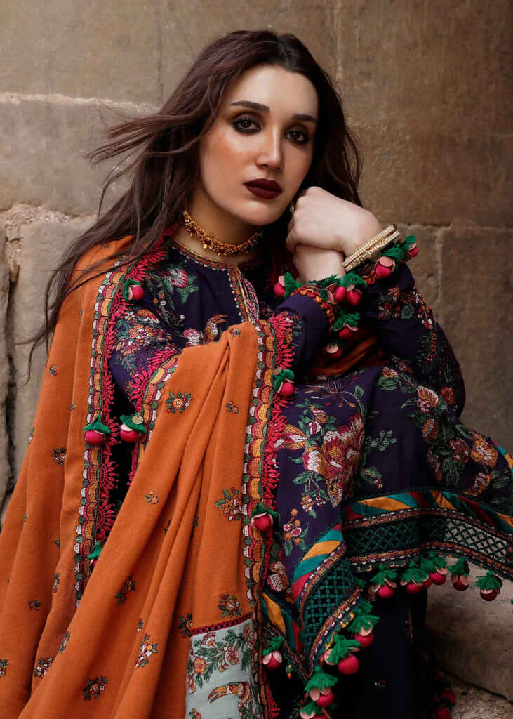 3 Piece Embroided Dhanak Shirt with Embroided Dhanak Shawl AJ 680